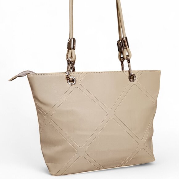 Cream Shoulder Carry-All Tote Bag with Contrast Black Accents, Silver Hardware - Picture 3 of 13